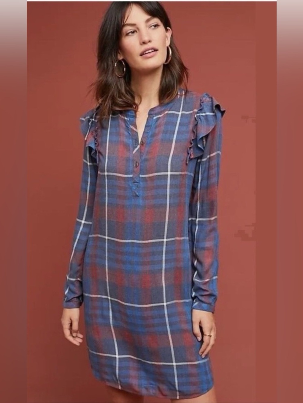 Anthropologie Cloth & Stone blue and red plaid ruffled shirtdress